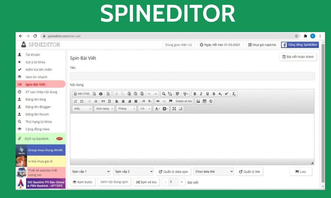 25+ Công Cụ Nghiên Cứu Từ Khóa SEO (Gồm Miễn Phí & Trả Phí) 9 Spineditor là công cụ nghiên cứu từ khóa SEO được 99% seoer sử dụng mỗi ngày
