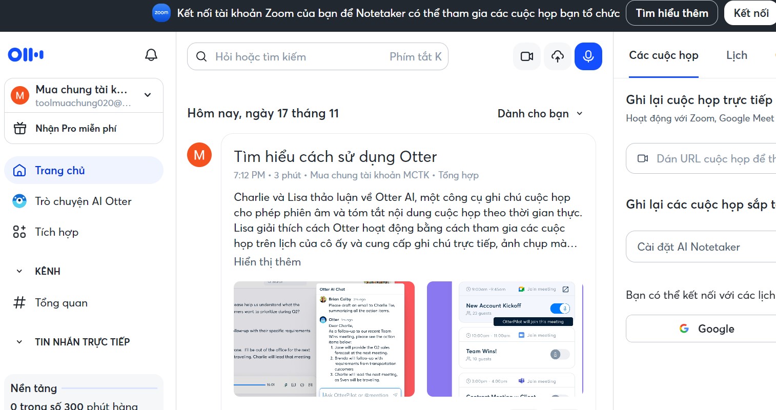 Otter AI 10 giao diện tài khoản Otter AI