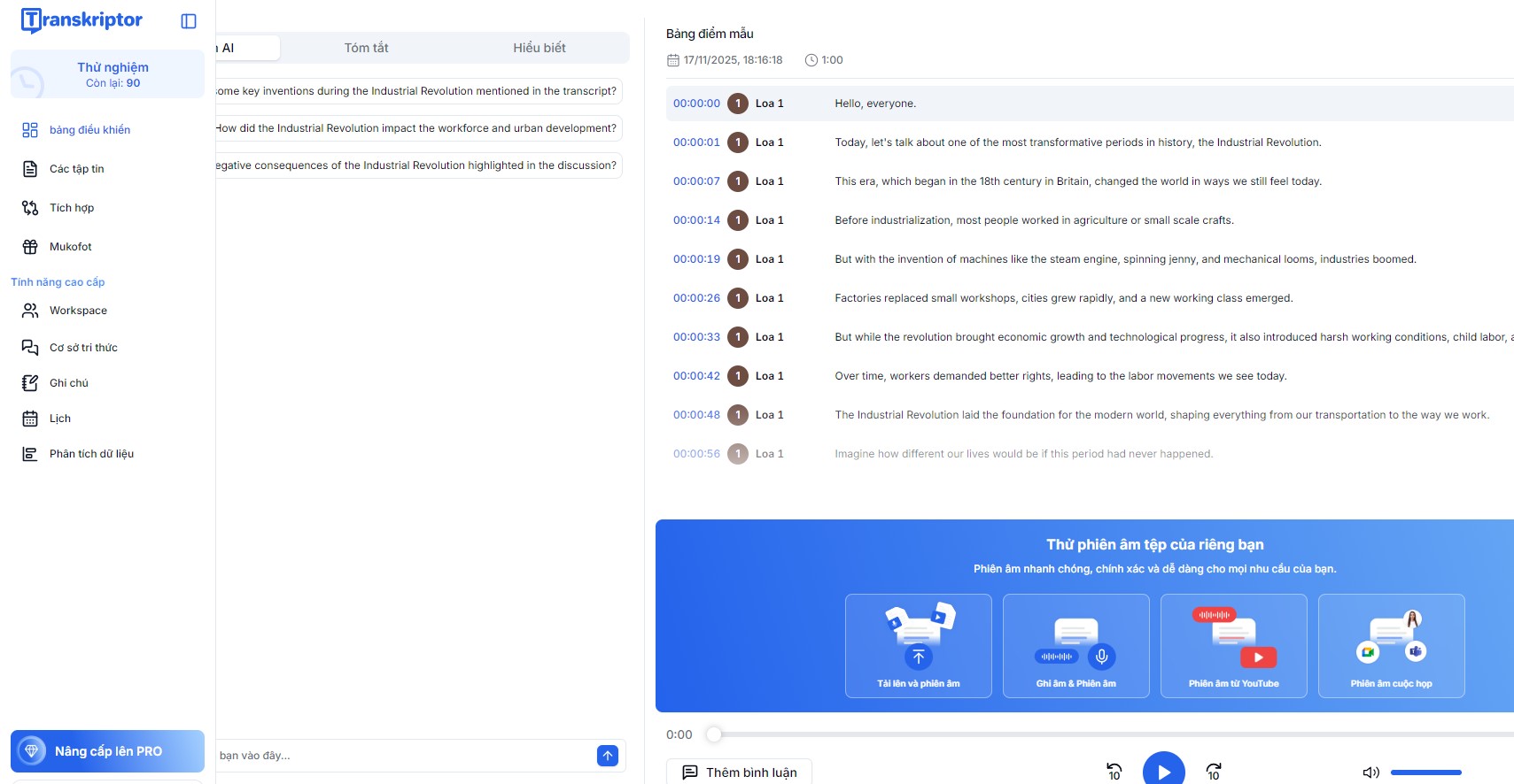 giao dien tinh nang chinh chu tai Transkriptor